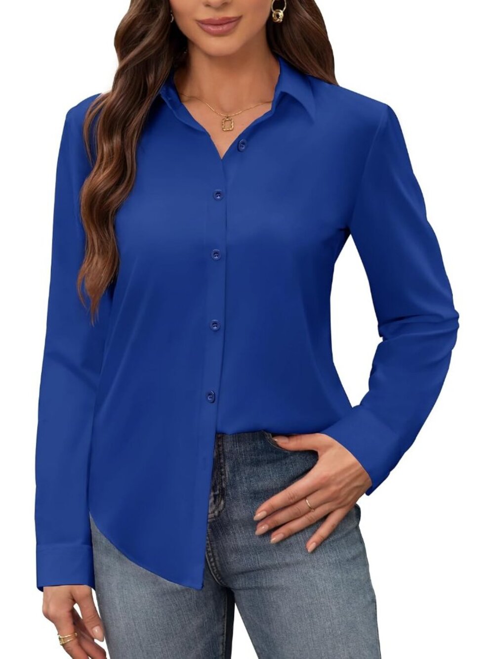 Women's Royal Blue Stain Shield Dress Long Sleeve Button Down Wrinkle Free Shirt